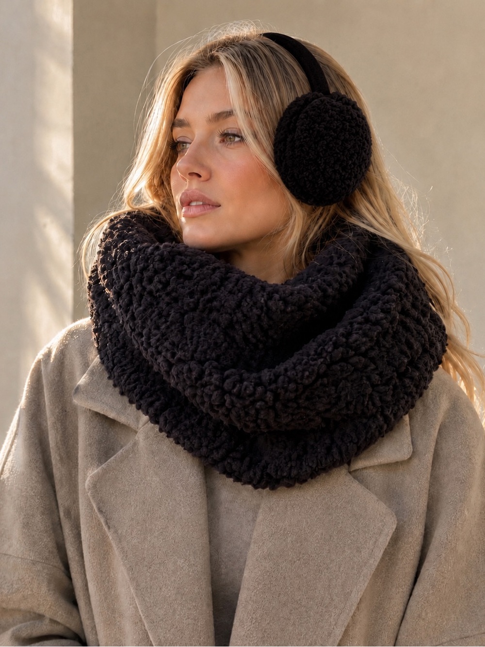 Black Teddy Sherpa Neck Warmer & Earmuff Set Cozy Winter Accessories